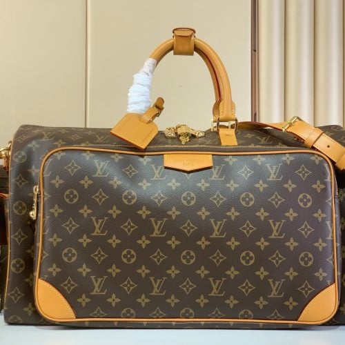 Louis Vuitton Monogram travel bag – front view with tan leather trim and shoulder strap