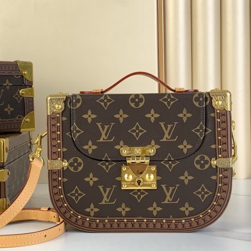 Louis Vuitton Petite Malle handbag – classic monogram canvas with gold-tone trunk hardware, front view