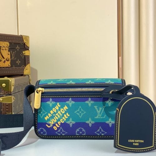 Louis Vuitton blue and green monogram shoulder bag – Staples Edition front view with logo tag and zip compartment