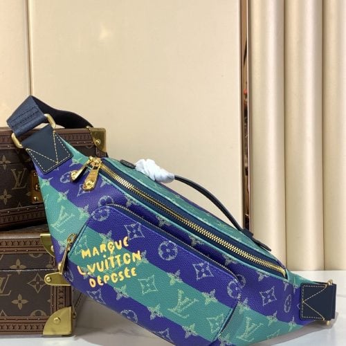 Louis Vuitton half-moon shoulder bag – blue and green nylon with monogram print and gold hardware, side view