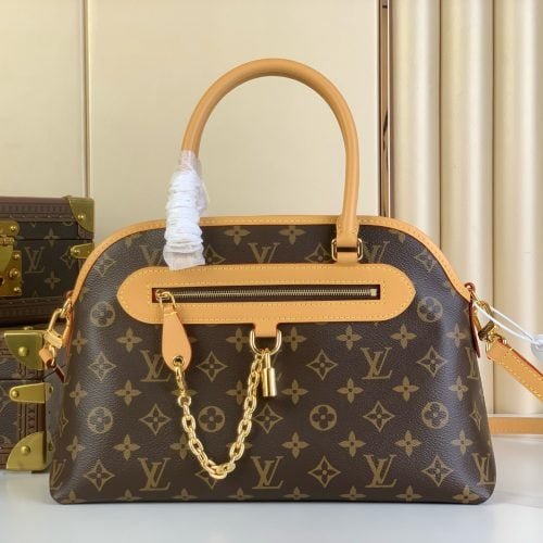 Louis Vuitton monogram handbag – front view with gold chain, lock detail and tan leather handles